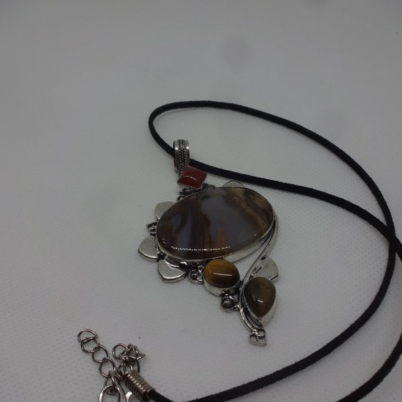 Natural "MONTANA AGATE, TIGERS EYE & CARNELIAN" Handmade Sterling Pendant - Picture 2 of 3